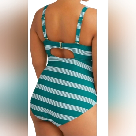 Terra Sky Green White Stripes Pleated One Piece Swimsuit 1X Underwire Resort - Picture 2 of 12